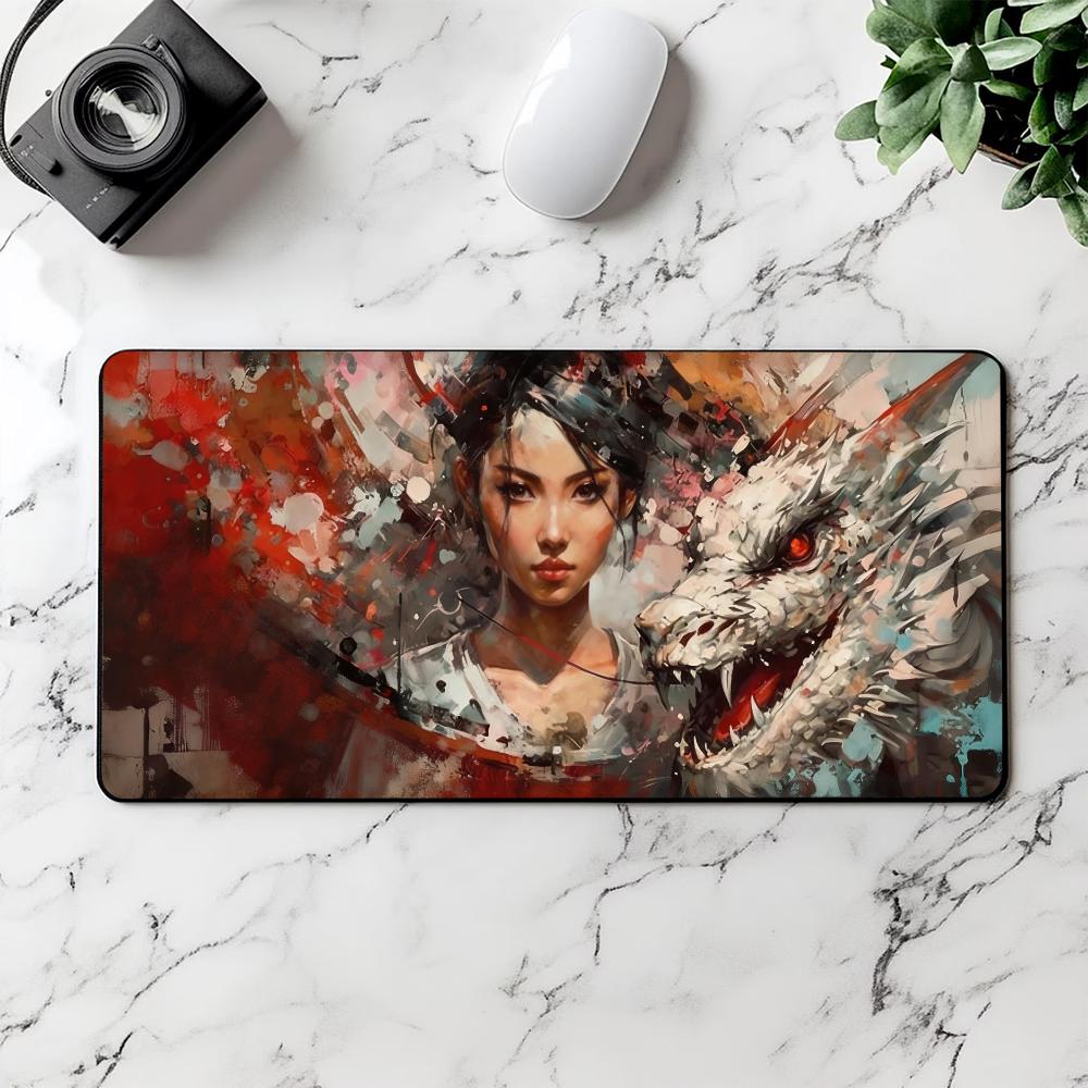 Play Mat Neoprene - 抽象油絵風東洋の女性と白龍のアートプレイマット ネオプレン製滑り止め大型テーブルパッド TCG DND ゲーミングPC用拡張版