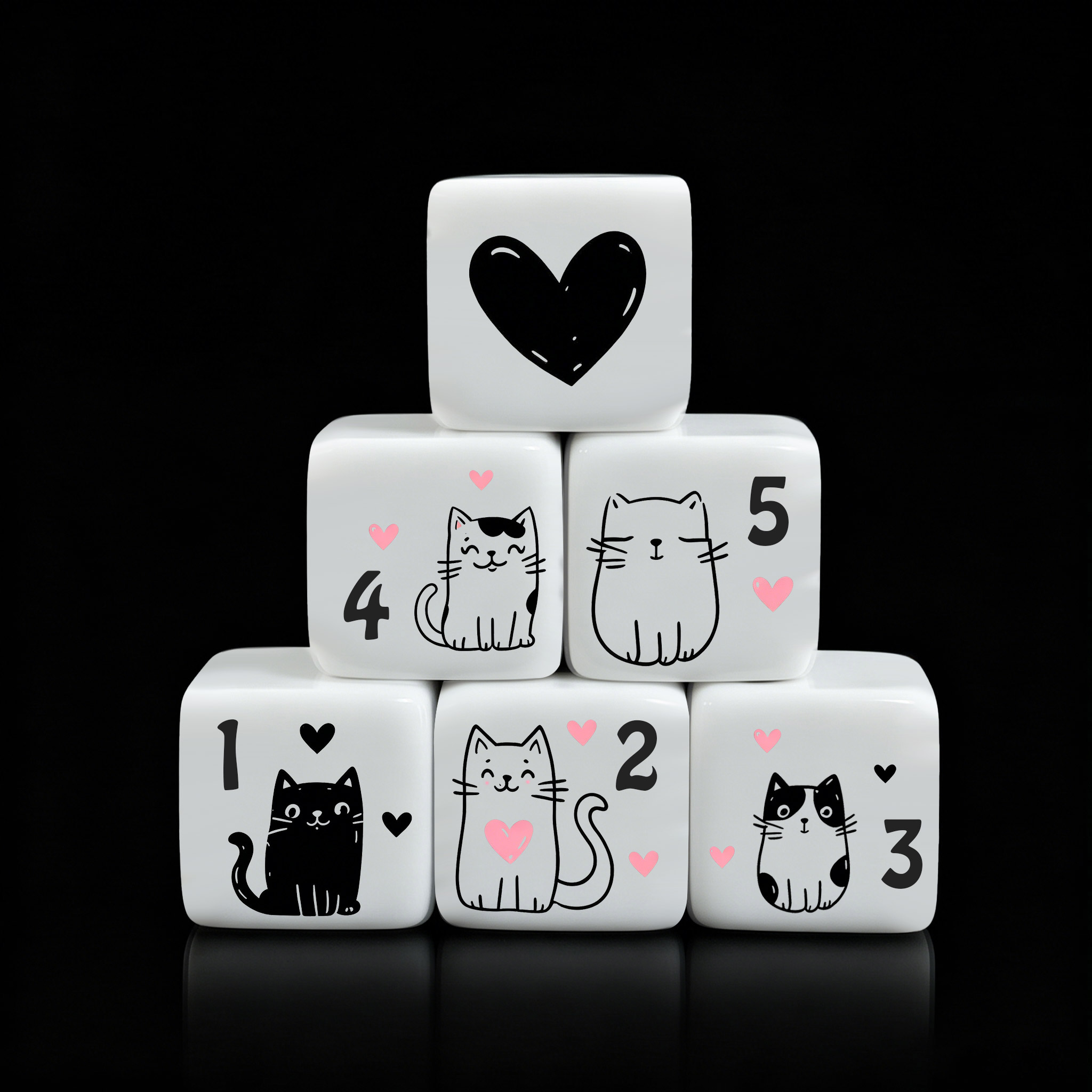 Board Game Design - 12個/セット 16mm キュートな猫型ダイス、プレミアムアクリル製6面ダイス、黒と白の子猫とハートのデザイン、DND、RPG、ボードゲーム、ギフトに最適