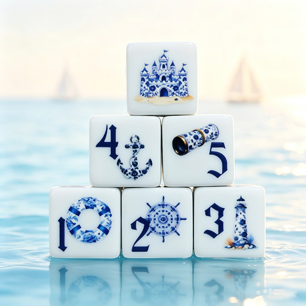 Board Game Live - 12個入り ブルー航海用16MMプリントD6アクリルダイス、灯台・錨・城柄の白い六面ダイス、卓上ボードゲーム